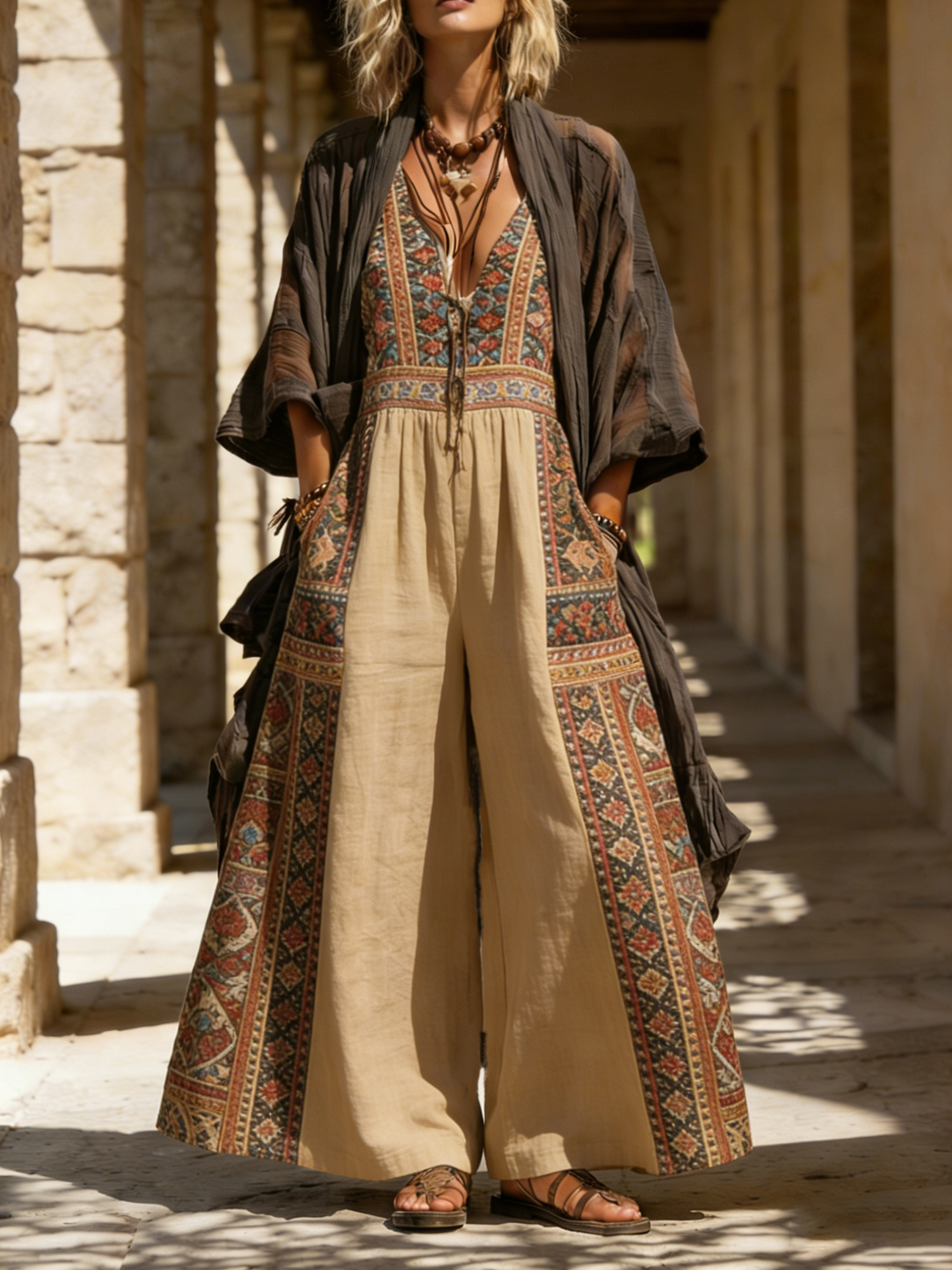 Bohemian Retro Linen Cotton Jumpsuit Cardigan Two-piece Set