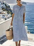 Women'S Casual Color-Block Cotton And Linen Dress