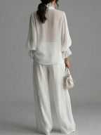 Women's Ruffled V-neck Long-sleeved Casual Loose Chiffon Top With Elastic Waist And Wide-leg Pants Set