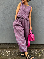 Retro Plaid Sleeveless Top& Wide-leg Pants Two-piece Set