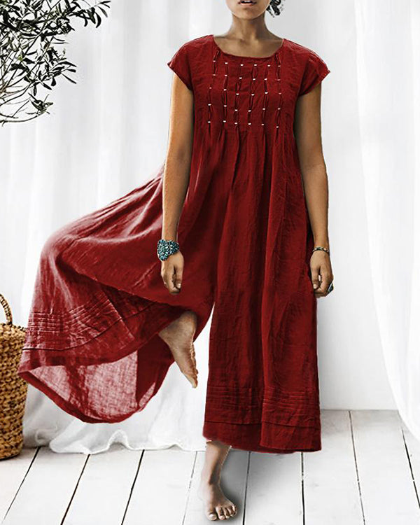 Solid Relaxed Loose Pleated Linen Jumpsuit