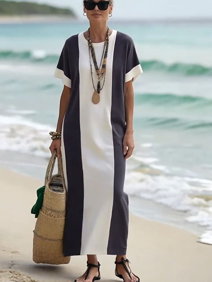 Women's Holiday Contrast Print Round Neck Loose Dress