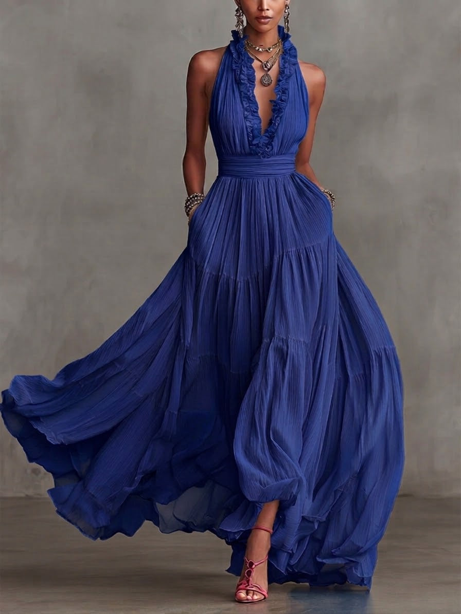 Stylish And Flowing Ruffled Collar Maxi Dress