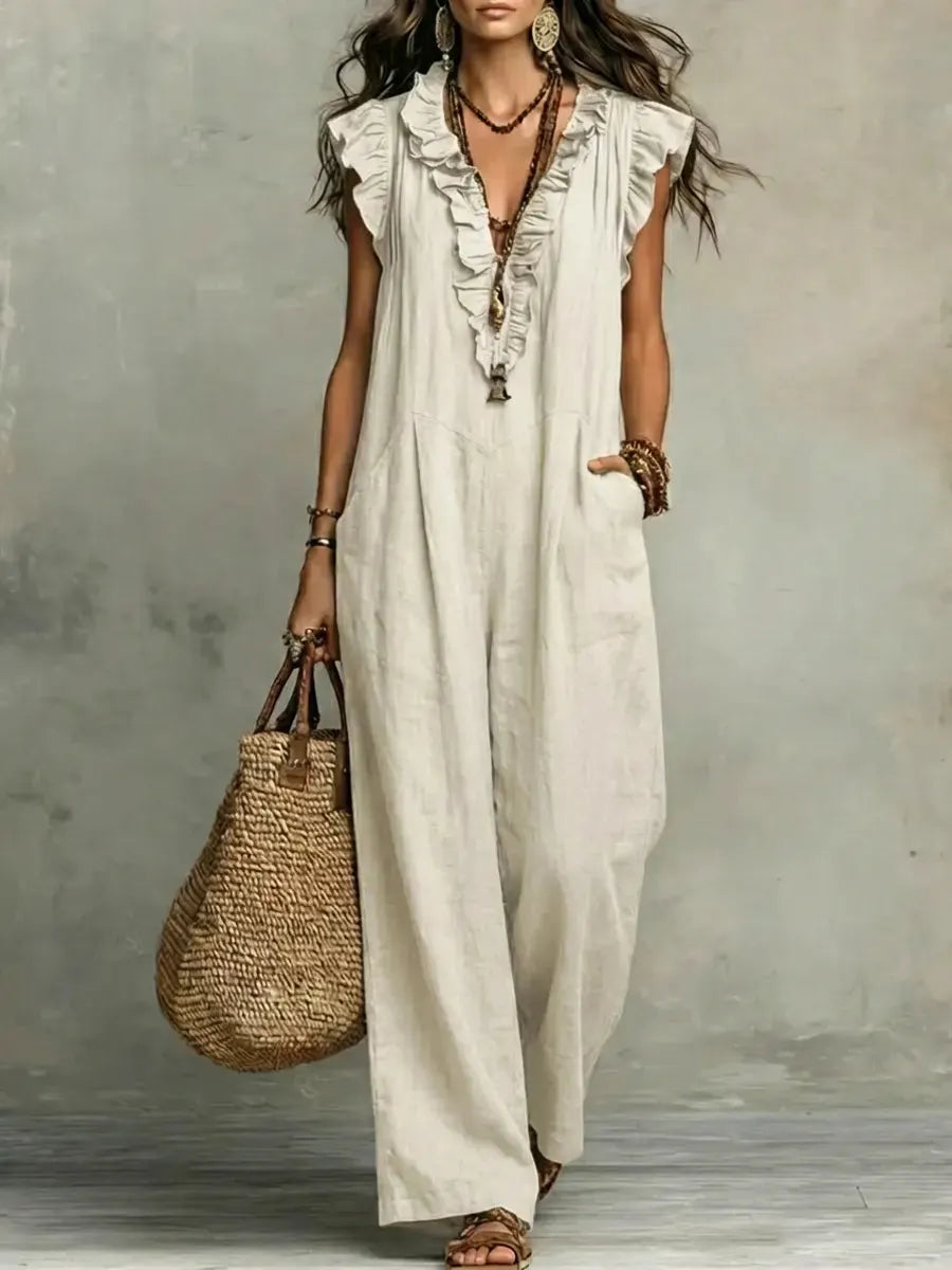 Women's Solid Color Ruffled Art Casual Stylish Cotton Linen Jumpsuit