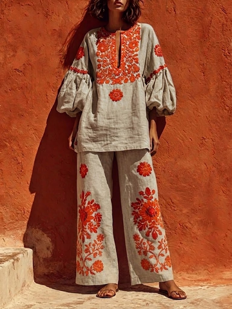 Bohemian Floral Print Linen And Cotton Two-piece Top And Pants Set