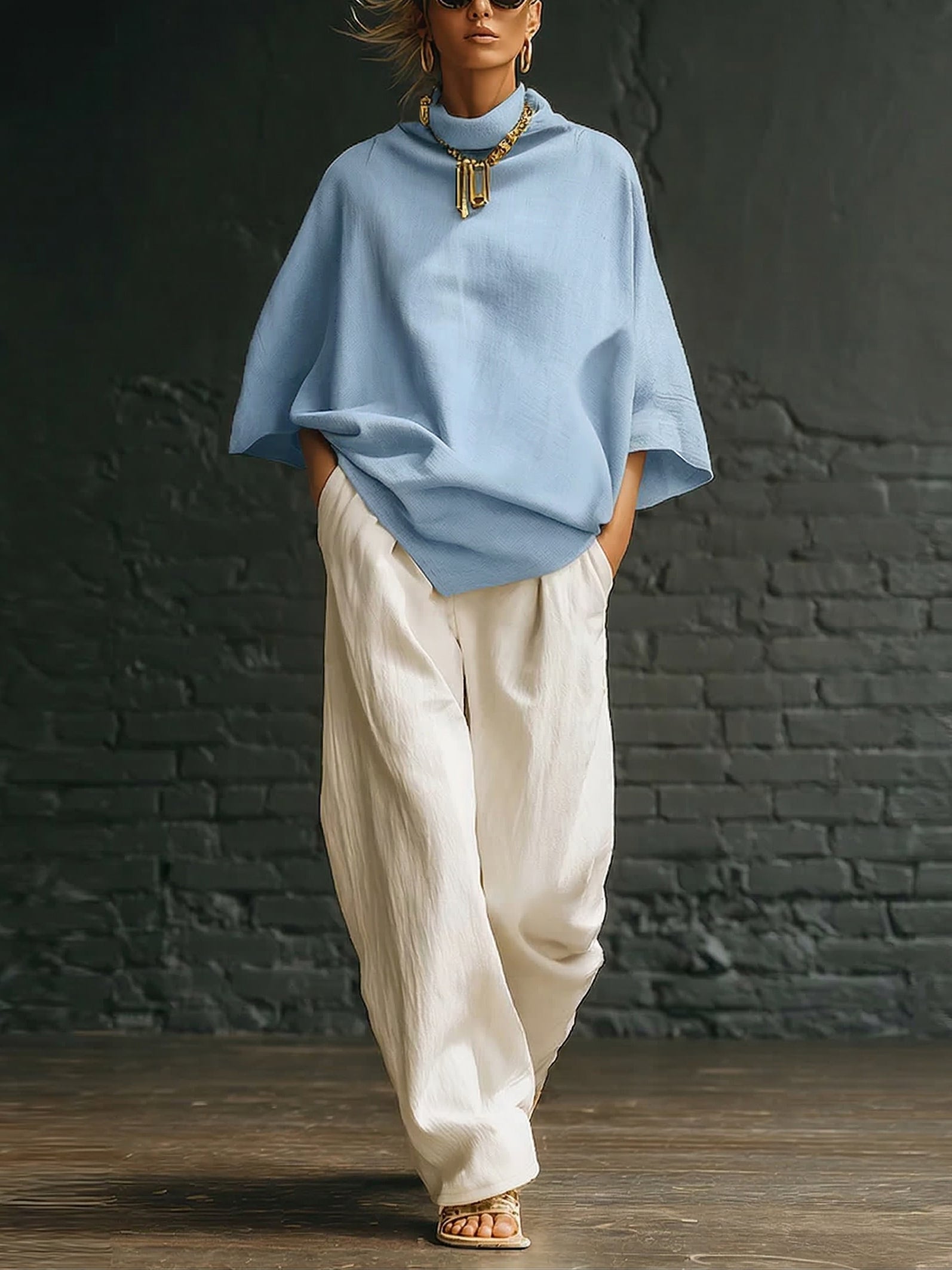 Elegant High-neck Batwing Sleeve Shirt And Wide-leg Cotton-linen Two-piece Set