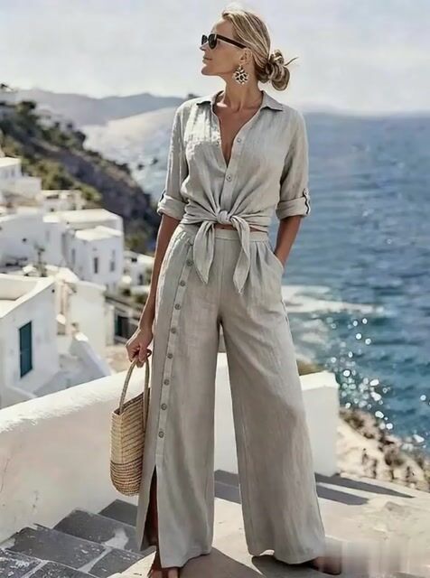 Women'S Casual Solid-Color Shirt And Button-Up Pants Set