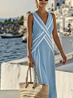 Women'S V-Neck Sleeveless Striped Holiday Loose Dress