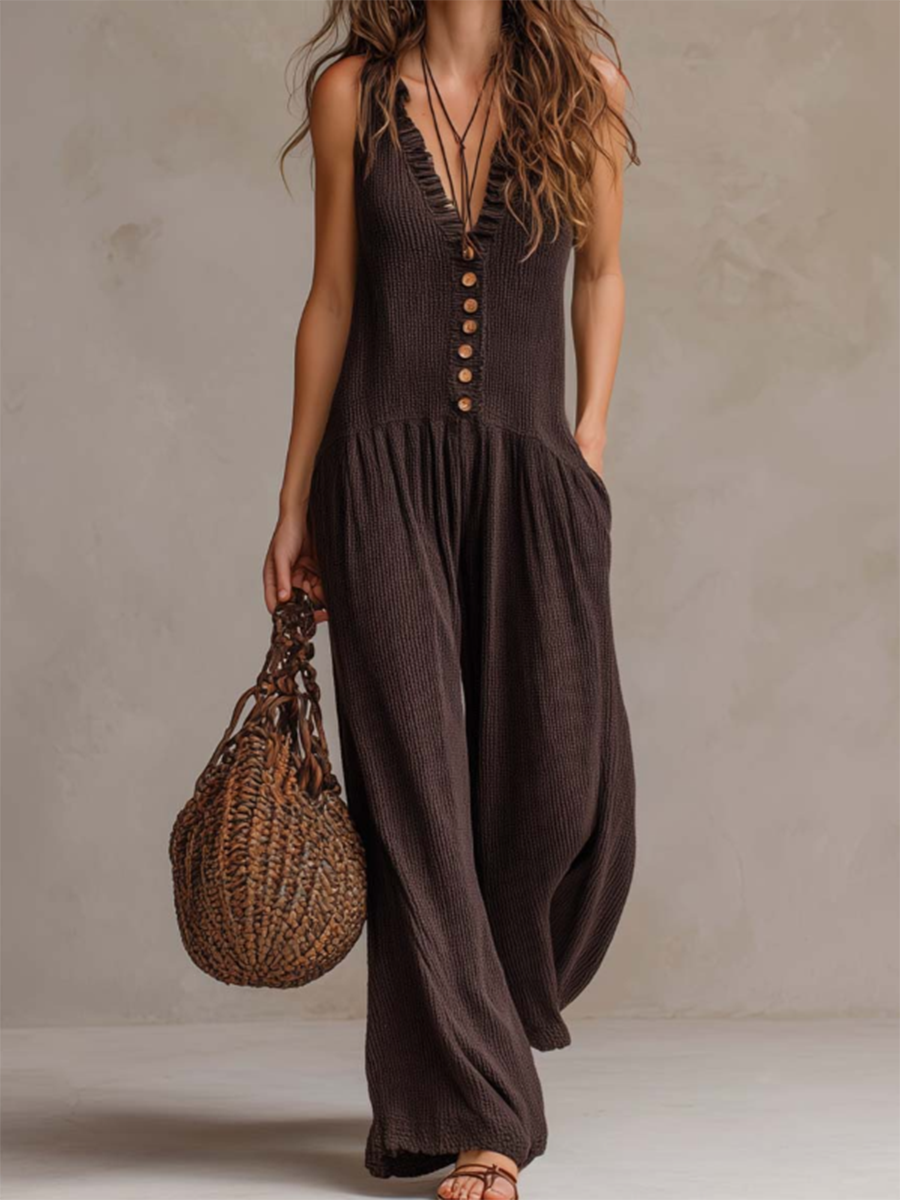 Chic & Cozy Ruffled V-neck Knitted Jumpsuit