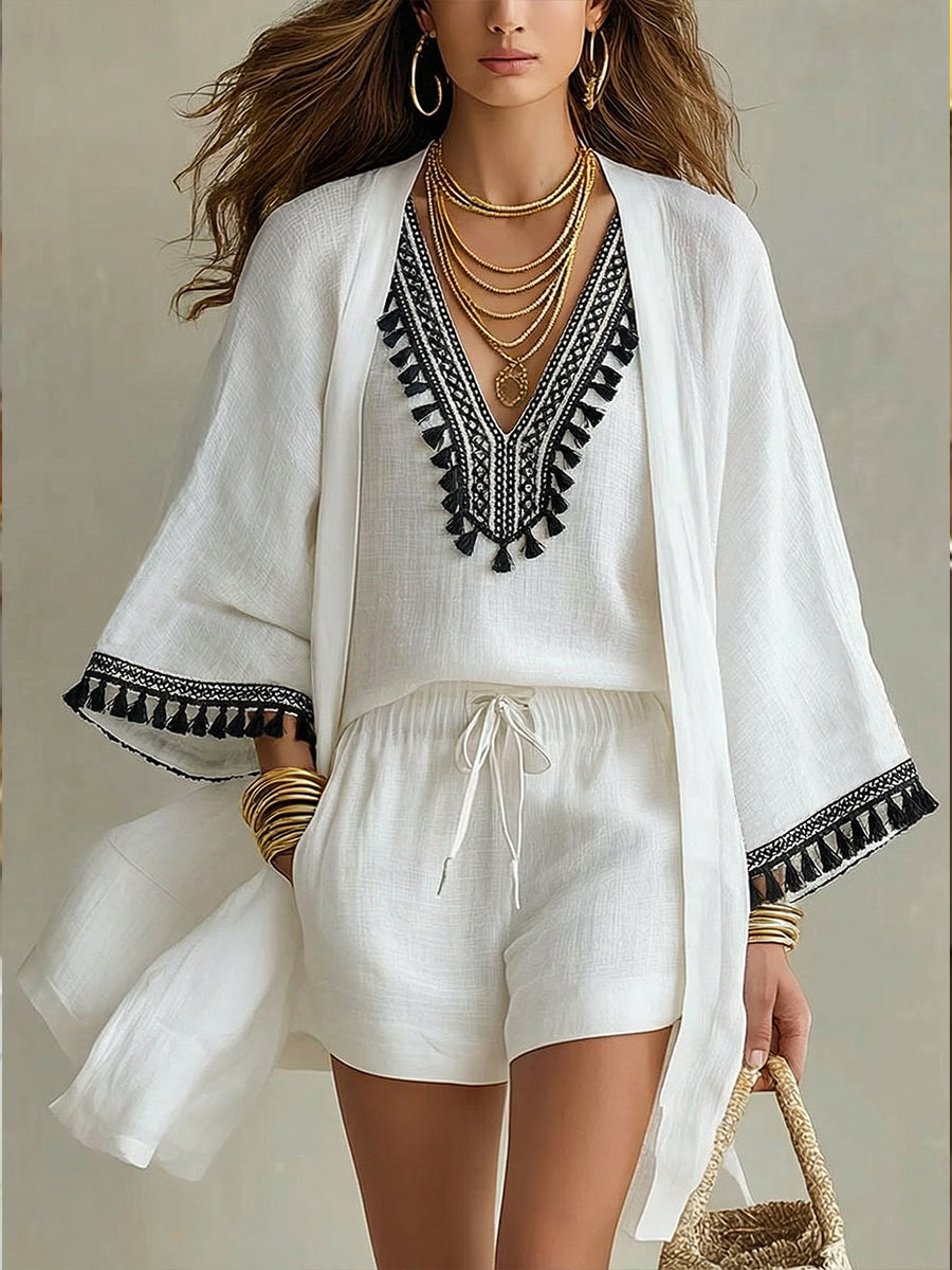 Casual Bohemian Linen And Cotton Cardigan, Sleeveless Top, And Shorts Three-piece Set