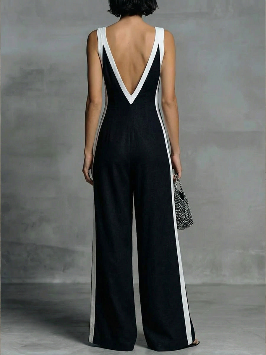 Patchwork Linen And Cotton Sleeveless Jumpsuit