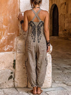 Women's V-neck Sleeveless Wide-leg Jumpsuit â Casual, Loose-fit Cotton-linen Blend With Placement Print