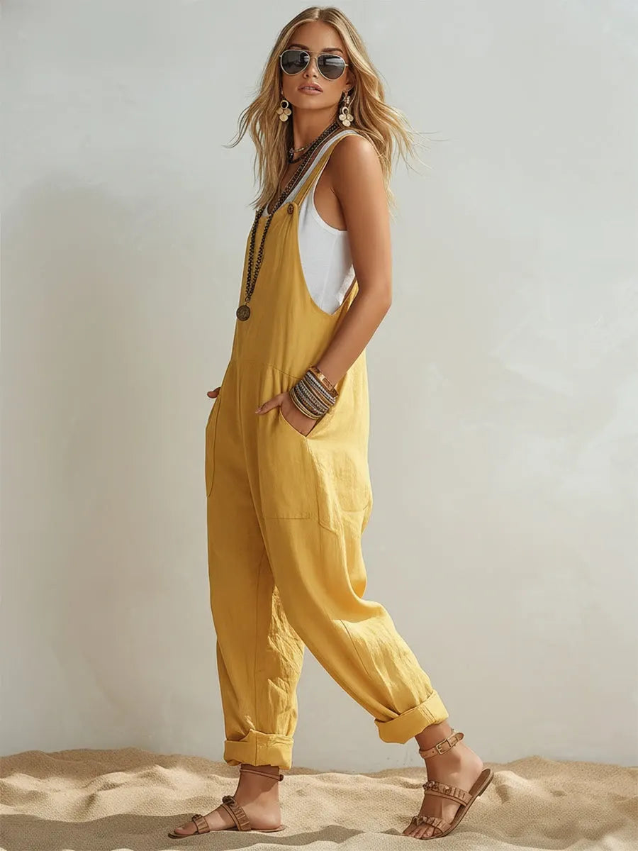 Casual Loose-fit Cotton-linen Overalls Jumpsuit