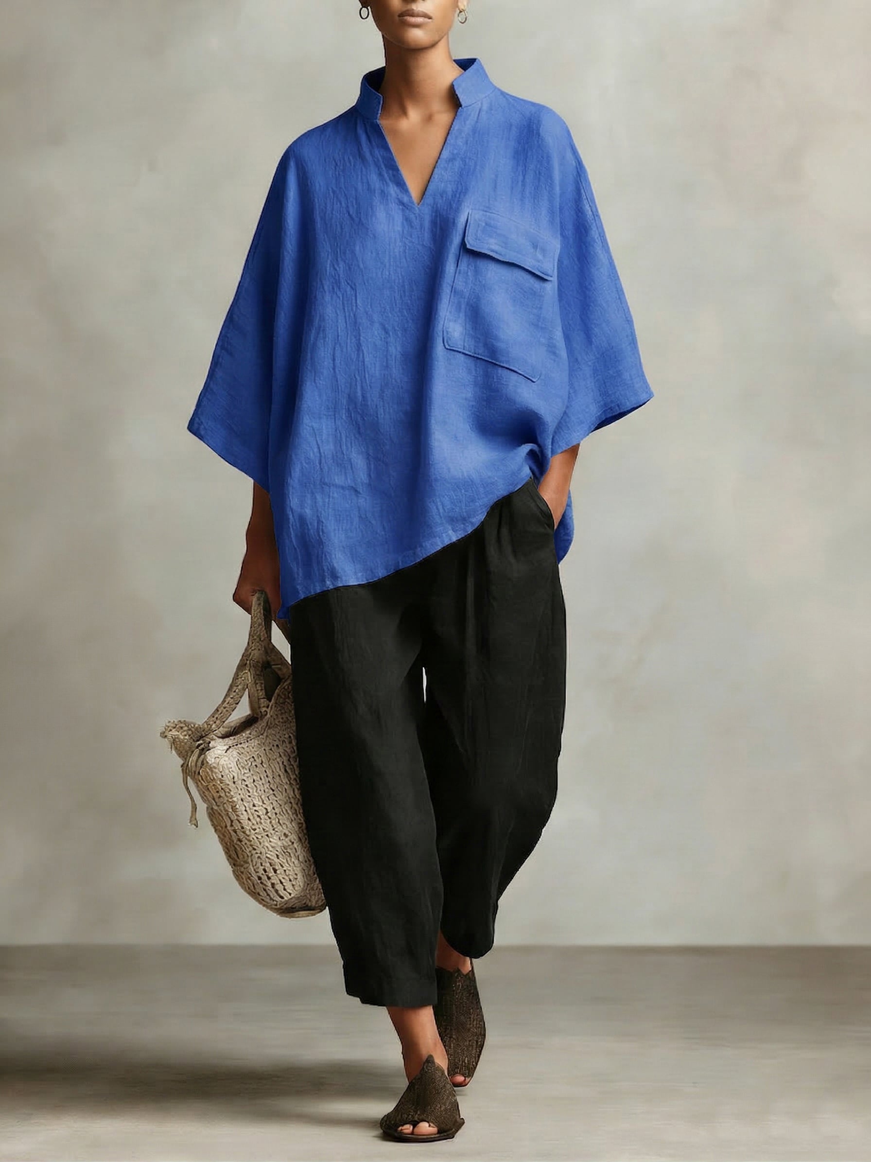 Elegant Stand-up Collar Loose Linen Cotton Two-piece Set
