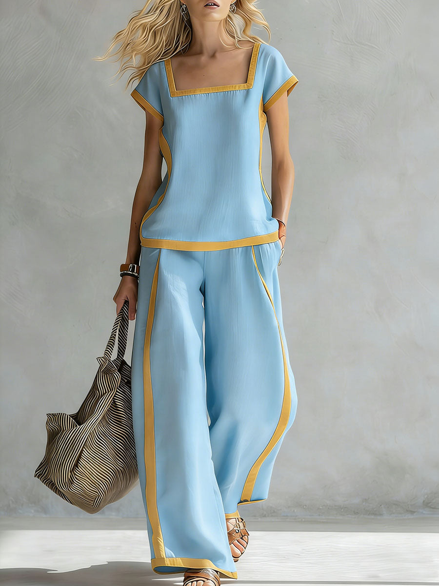 Women's Square Neck Short Sleeve Casual Loose Top High Waist Casual Loose Wide Leg Pants Cotton Linen Set