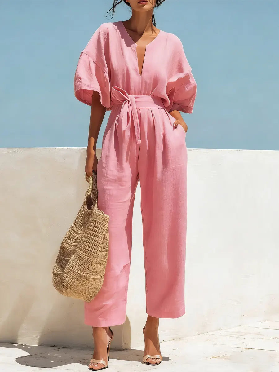 Women's Solid Color Stylish Casual Cotton Linen Jumpsuit