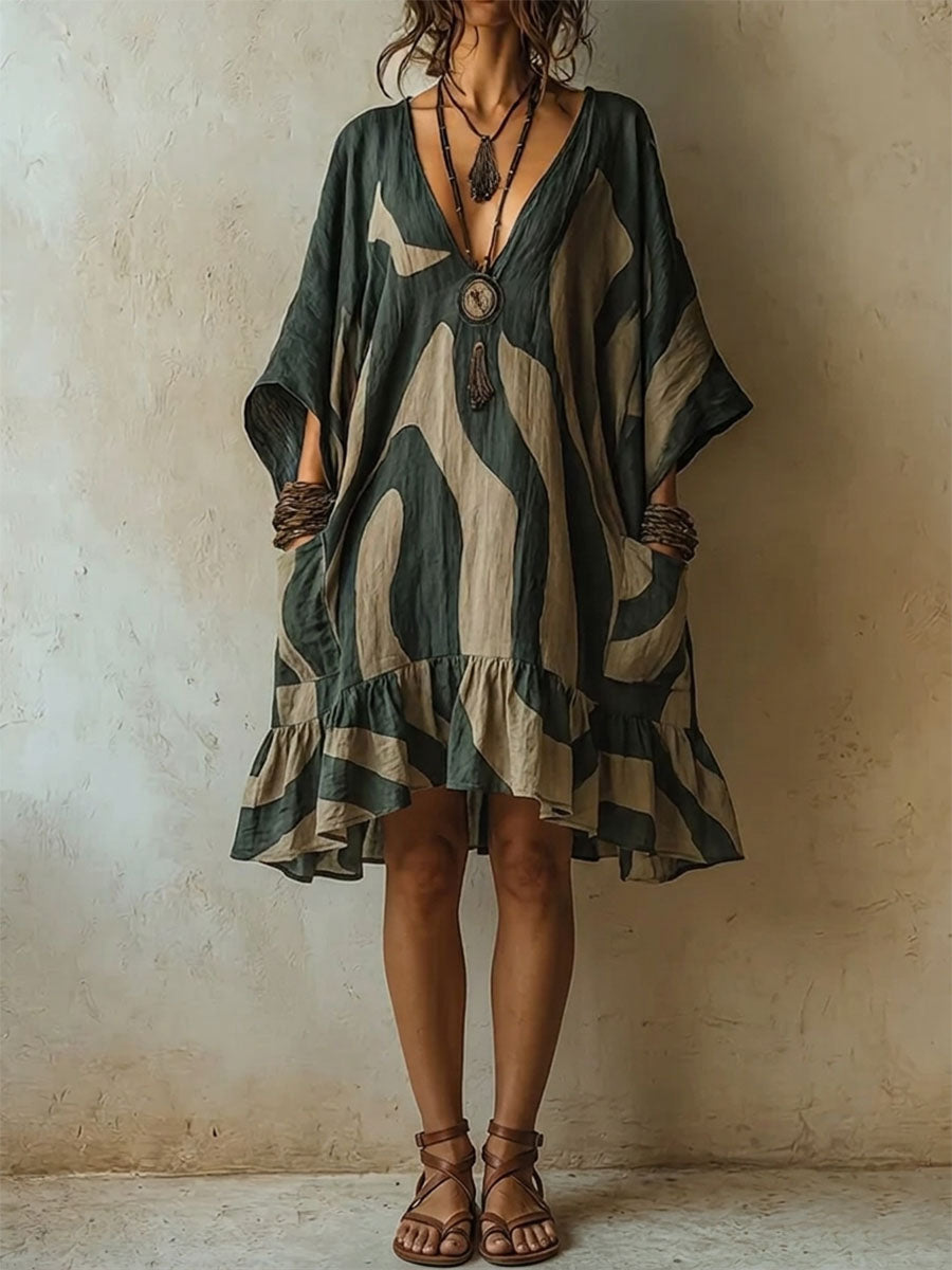 Women's Geometric Print Casual Ruffled Pocket Dress