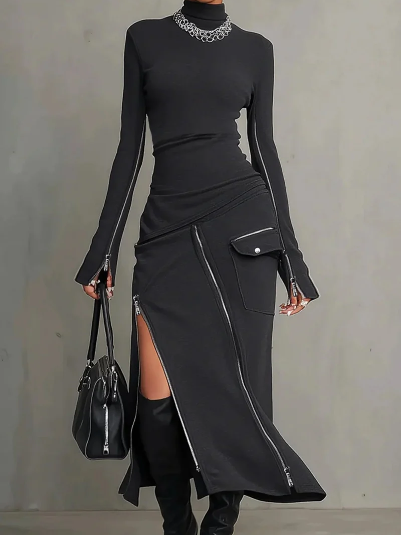 Stylish Casual Zipper Design Tops And Irregular Skirt Stretch Set