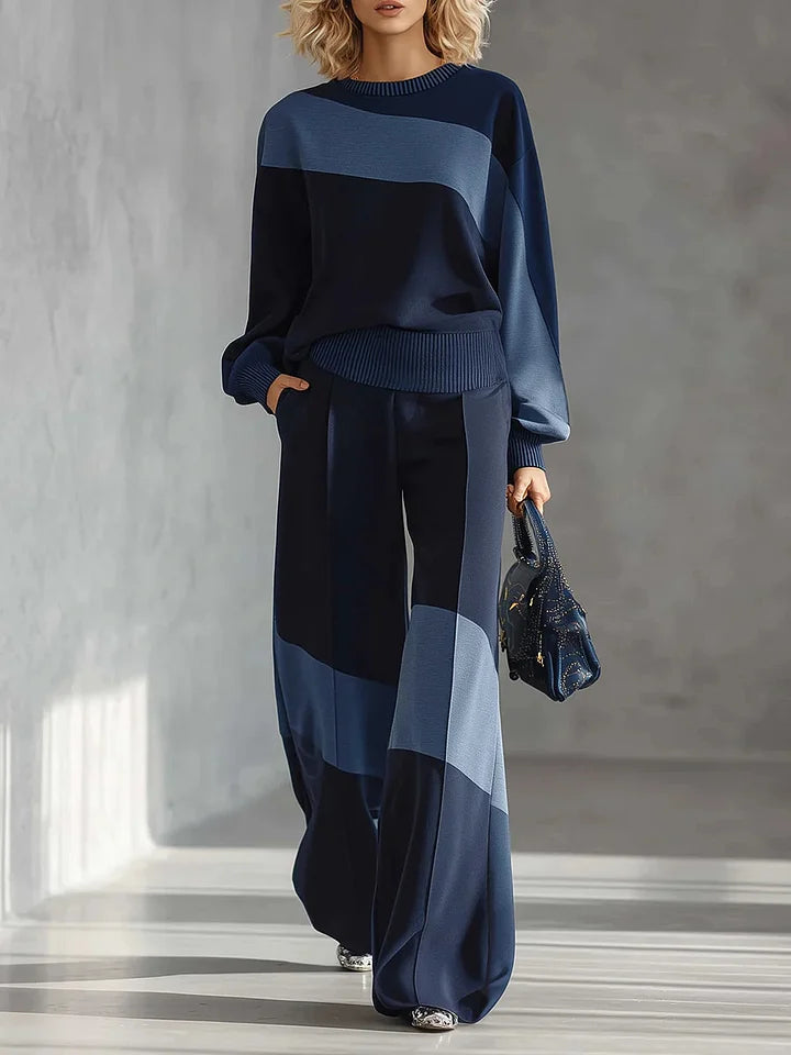 Women's Color-block Round Neck Long-sleeved Casual Loose Wide-leg Pants Knitted Set
