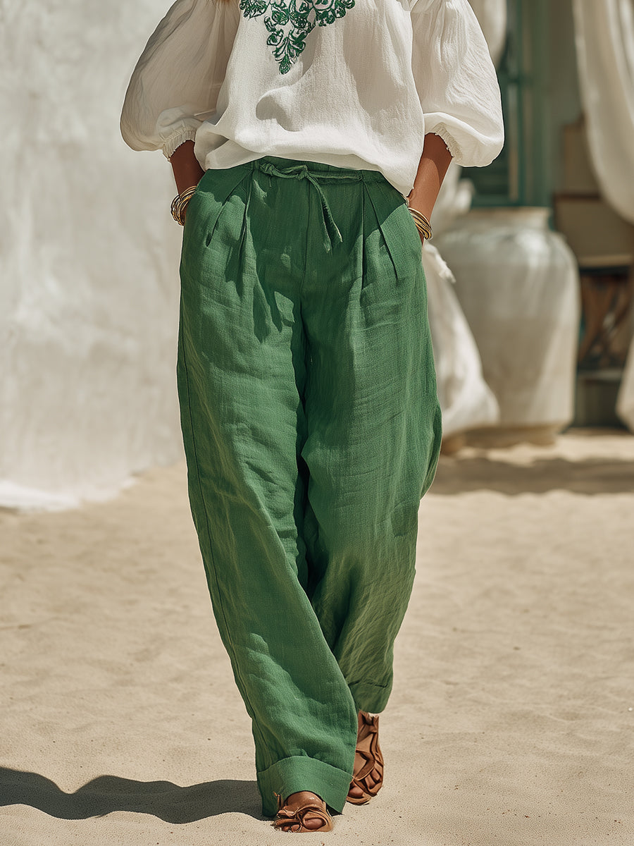 Women's Casual Vacation Embroidered White Halter Top And Green Wide-leg Pants Set
