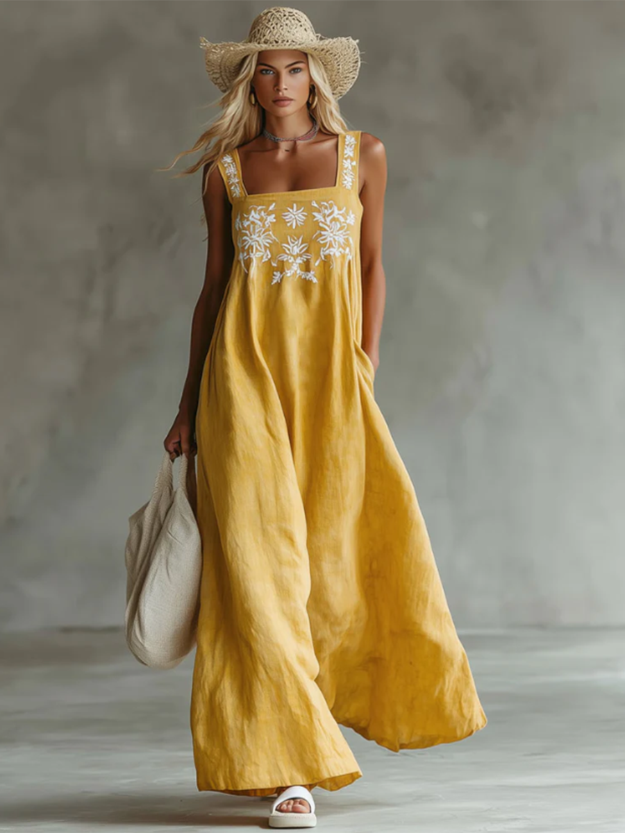 Casual Bohemian Floral-print Cotton-linen Dress