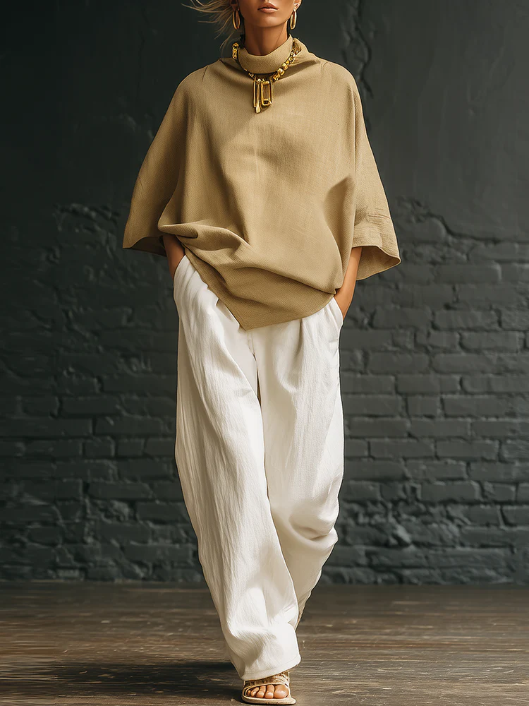 Elegant High-neck Batwing Sleeve Shirt And Wide-leg Cotton-linen Two-piece Set