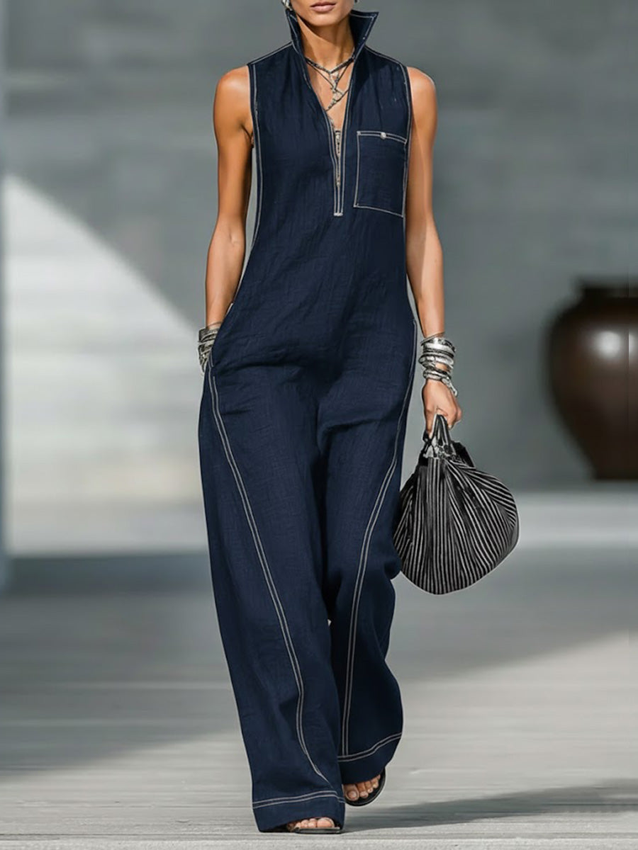 Women's Stand-collar Sleeveless Casual Loose Cotton And Linen Jumpsuit