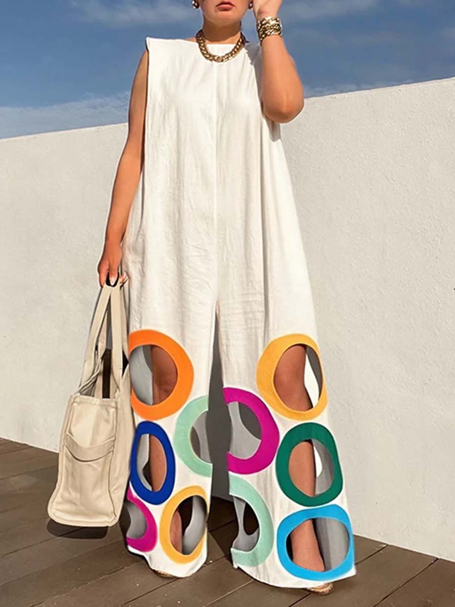 Women's Abstract Circle Art Casual Stylish Comfortable Cotton Linen Jumpsuit