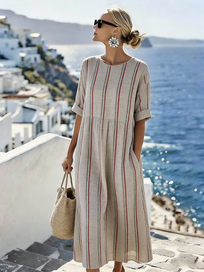 Women'S Casual Round-Neck Striped Vacation Dress