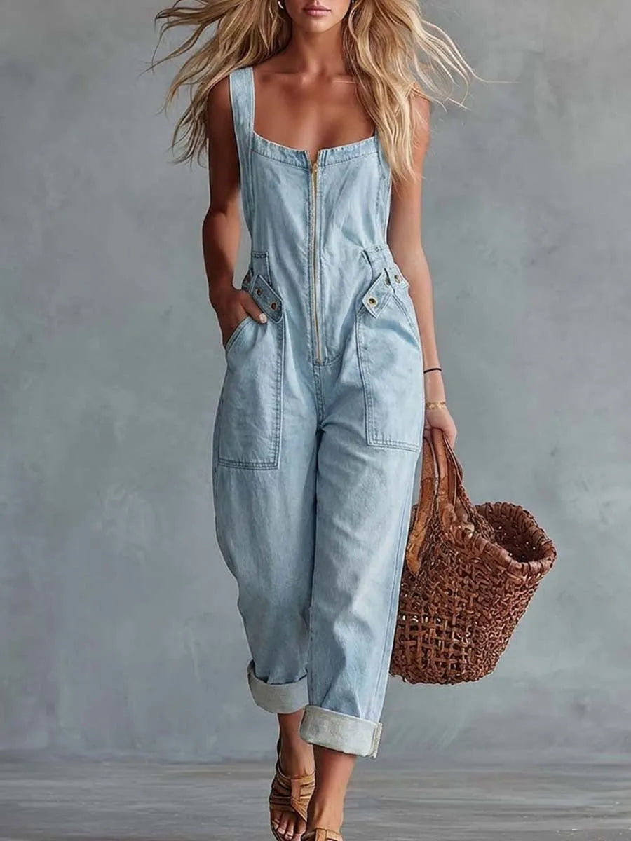 Women's Retro Square-neck Front-zip Denim Jumpsuit