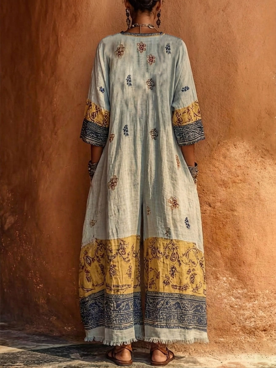 Women's Retro Bohemian Print V-neck Cotton-linen Jumpsuit