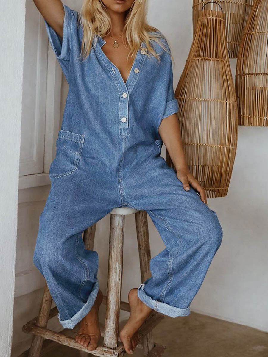 Women's Round Neck Short-sleeved Casual Loose Denim Wide-leg Jumpsuit