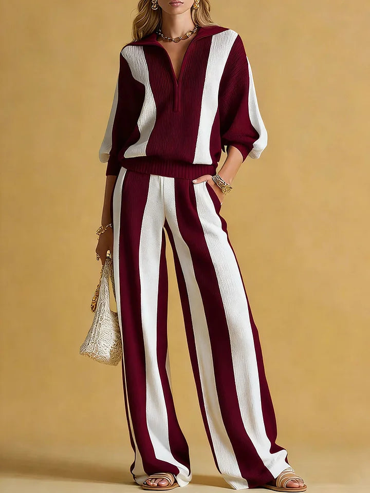 Women's Striped Print Cardigan Collar Three-quarter Sleeve Knitted Top And High-waisted Casual Loose Wide-leg Pants Knitted Set.