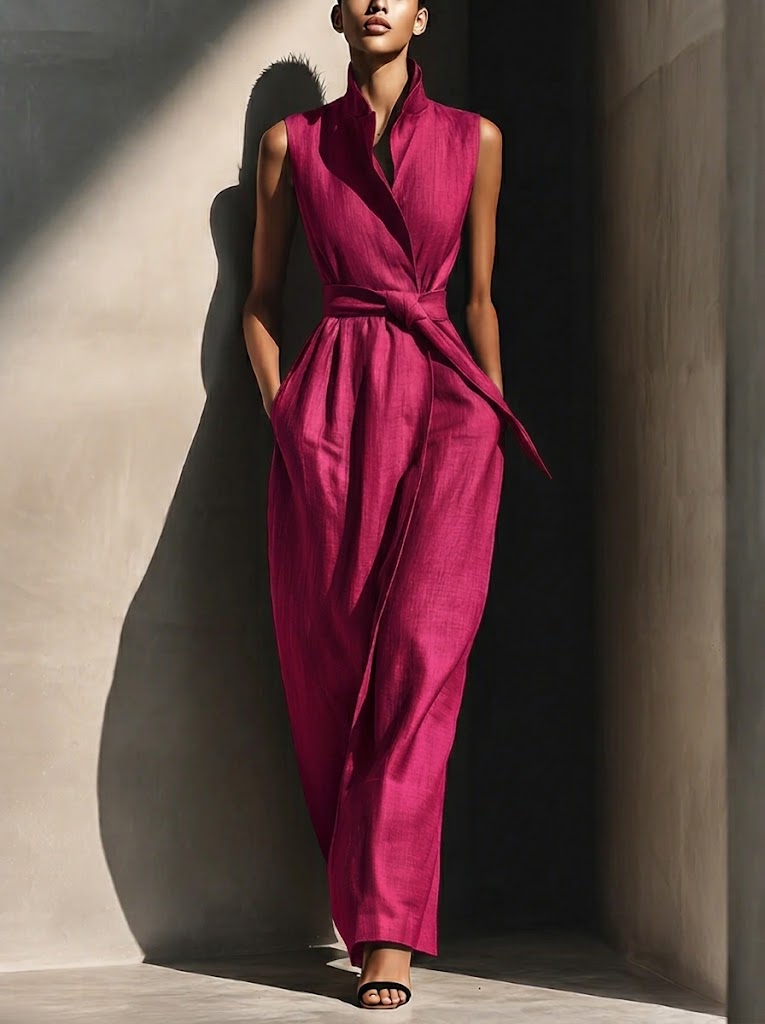 Elegant Collared Sleeveless Linen Cotton Jumpsuit