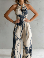 Retro-elegant Ink Wash Print Jumpsuit