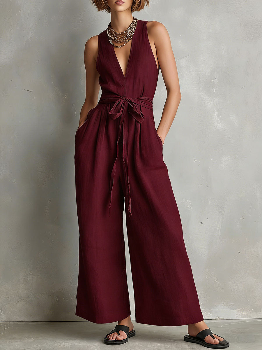 Women's Solid-color V-neck Sleeveless Casual Loose Cotton-linen Wide-leg Jumpsuit
