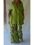 Casual Floral Print Linen And Cotton Shirt And Trousers Two-piece Set