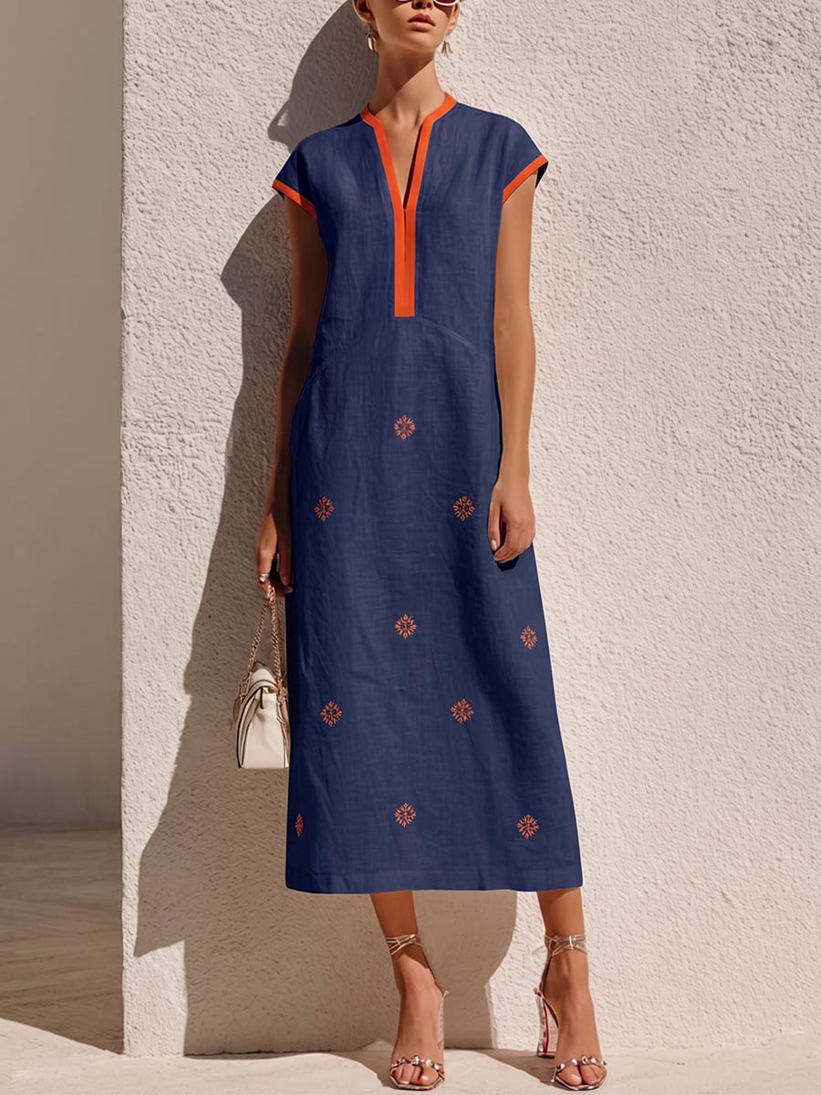 Women's V-neck Short-sleeve Casual Loose Cotton-linen Dress