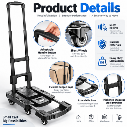 Heavy-Duty Foldable Platform Cart – Expandable Base, Telescopic Handle & Smooth-Rolling Wheels