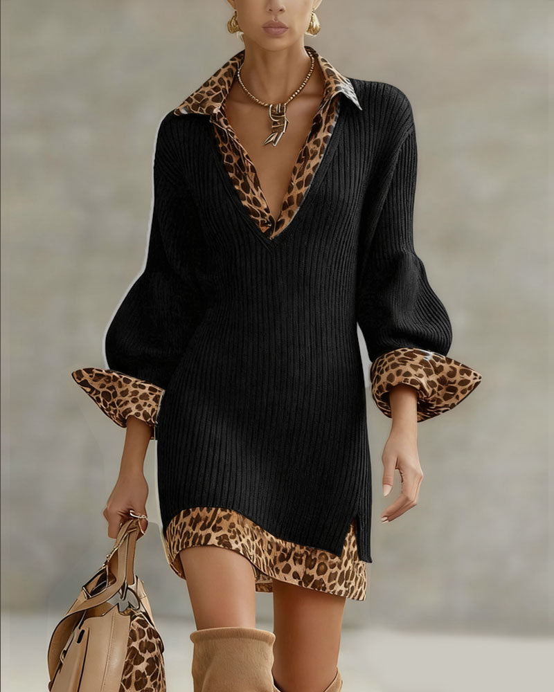 Leopard Trim Knit Mini Dress