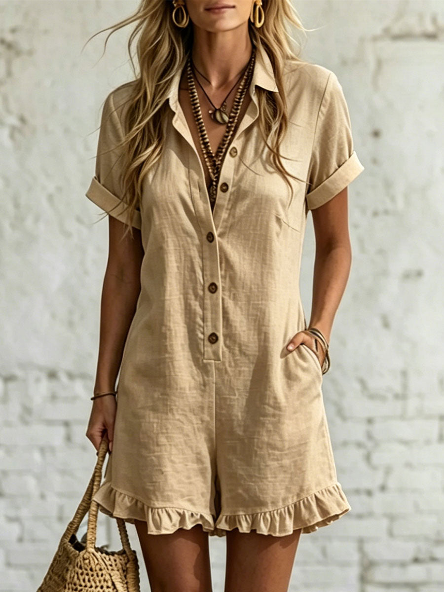 Women's Short-sleeve Shirt Romper â Pleated Cotton-linen Jumpsuit