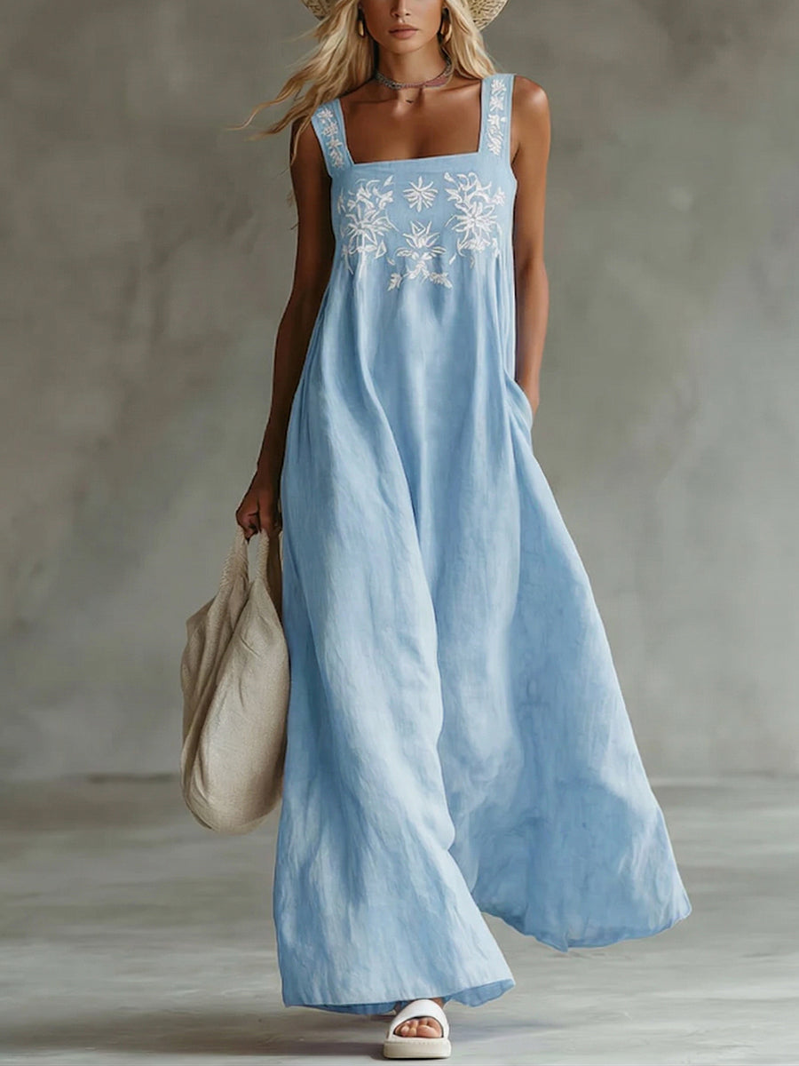 Casual Bohemian Floral-print Cotton-linen Dress