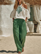 Women's Casual Vacation Embroidered White Halter Top And Green Wide-leg Pants Set