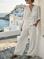 Women'S Solid Color V-Neck Button Cotton And Linen Two-Piece Set