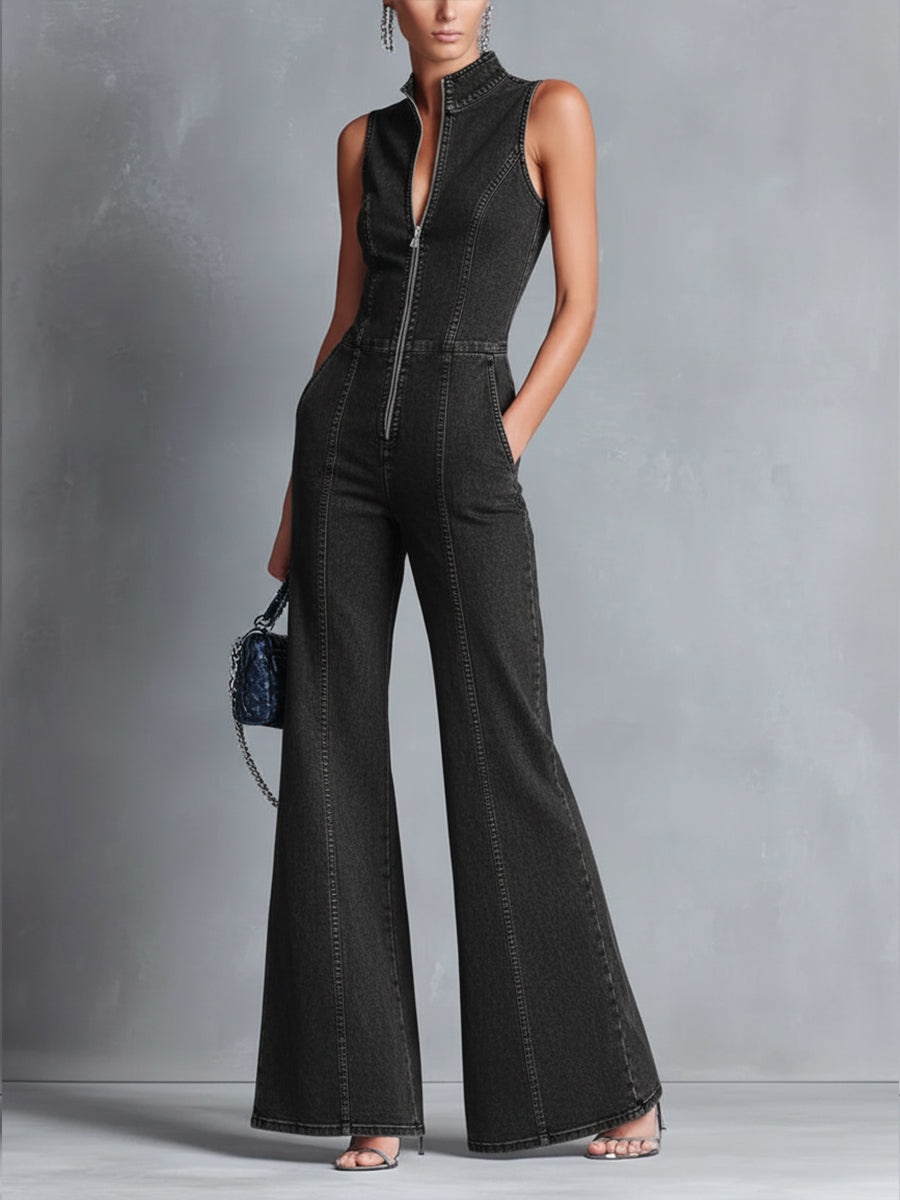 Casual Zipper Sleeveless Denim Flared Jumpsuit