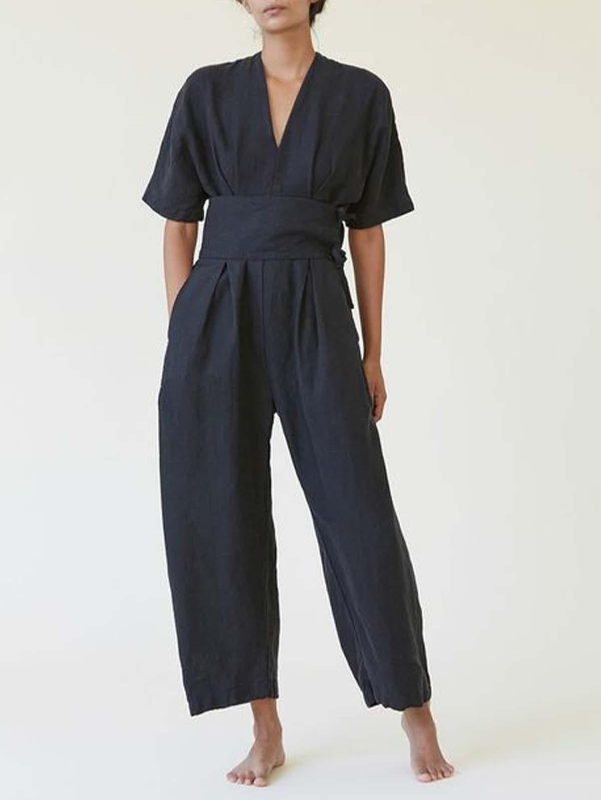 New Casual Age-reducing Western Style Retro Belted Linen Jumpsuit