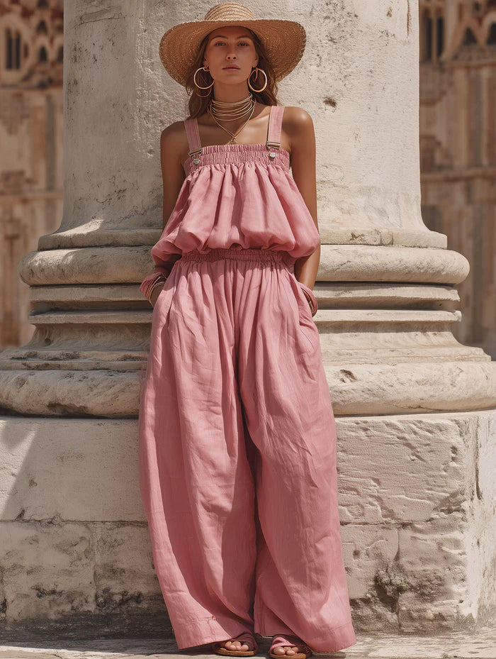 Casual Resort-style Cotton-linen Loose Wide-leg Jumpsuit