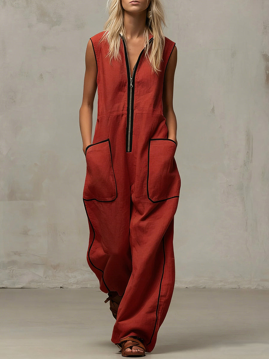 Women's V-neck Sleeveless Casual Loose Wide-leg Cotton And Linen Jumpsuit