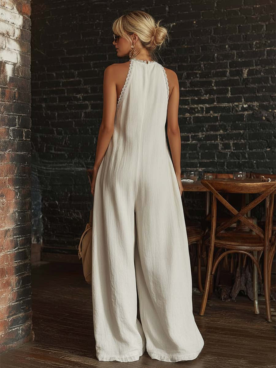 Elegant And Sexy Lace V-neck Cotton And Linen Jumpsuit