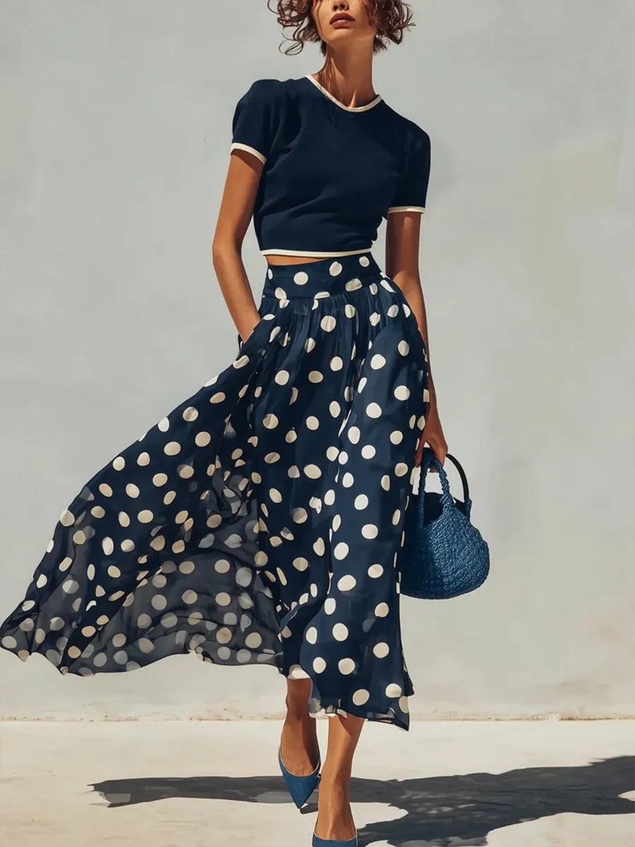 Stylish And Elegant Two-piece Set: Knitted Pullover Top And Polka-dot Skirt